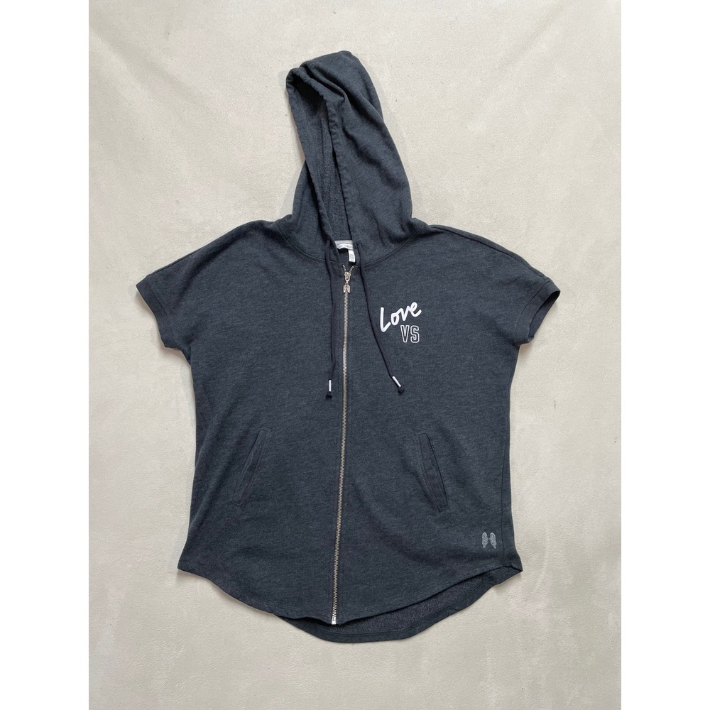 Victorias Secret Love VS Gray Short Sleeve Zip Up Hoodie Sweatshirt Small